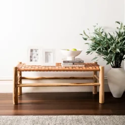 BENCH Wood with Leather Weave 110x45cm