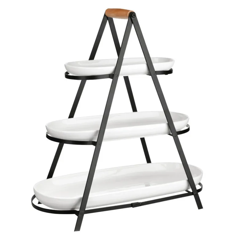 Black 3 Tier Serving Stand with White Platters