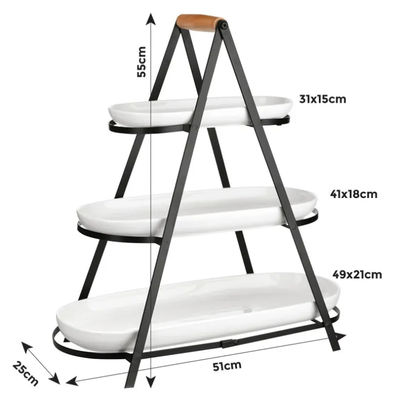 Black 3 Tier Serving Stand with White Platters