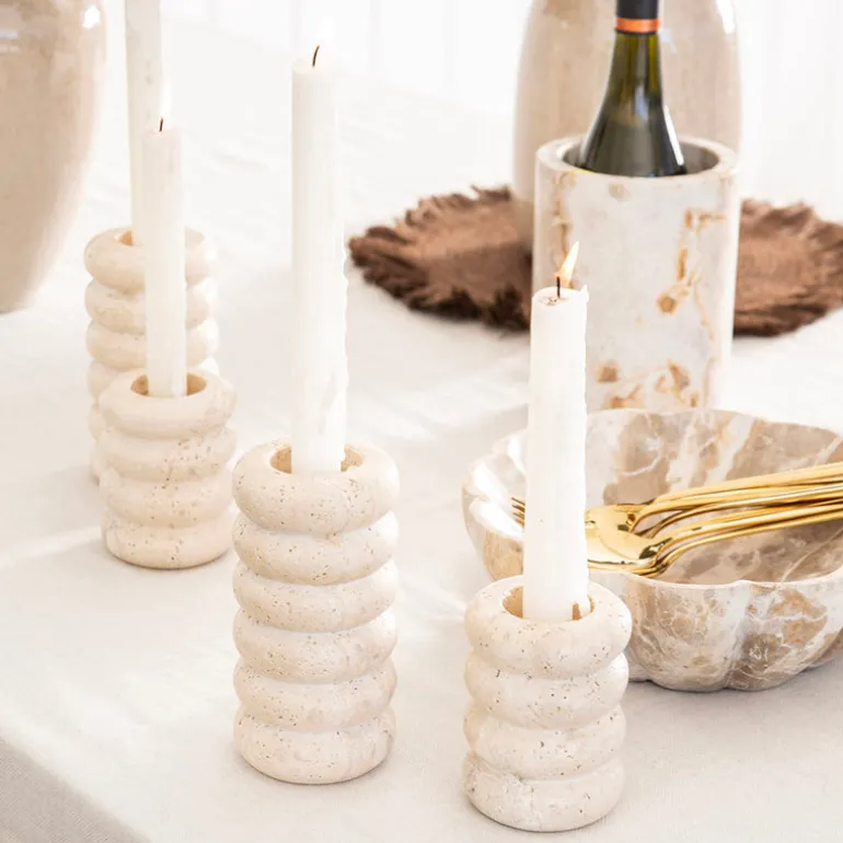Candle Holder Beige Travertine 15cm