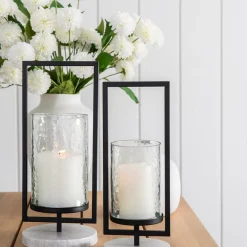 Candle Holder Glass & Black Metal 34cm