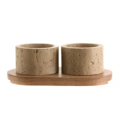 Condiment Set Beige Travertine with Acacia Wood