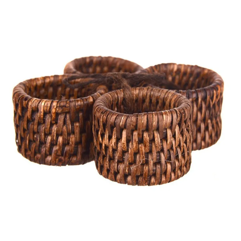 Dark Brown Rattan Napkin Ring Set/4