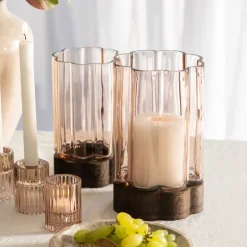 Flower Shaped Hurricane Large – Smoke Glass on Dark Wood Base