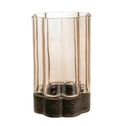 Flower Shaped Hurricane Large – Smoke Glass on Dark Wood Base