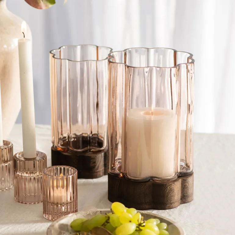 Flower Shaped Hurricane Small – Smoke Glass on Dark Wood Base