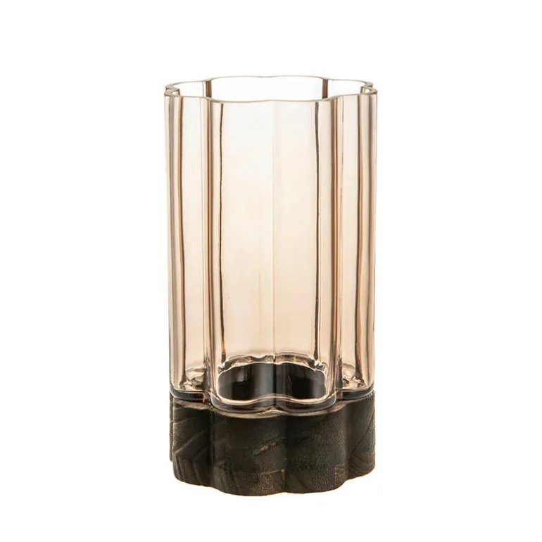 Flower Shaped Hurricane Small – Smoke Glass on Dark Wood Base