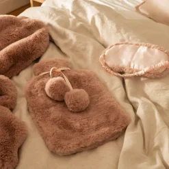 Hot Water Bottle with Faux Rabbit Fur Cover Dusty Rose
