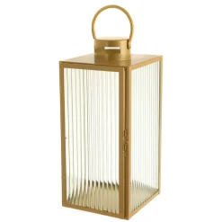 Lantern Rectangle Steel Gold with Ribbed Glass 53cm