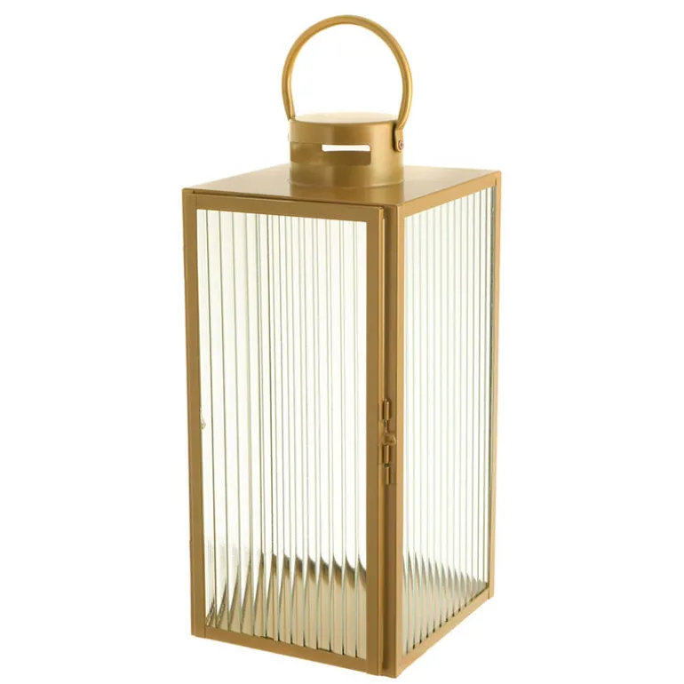 Lantern Rectangle Steel Gold with Ribbed Glass 53cm