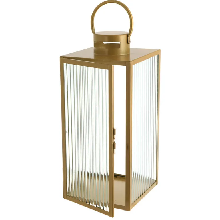 Lantern Rectangle Steel Gold with Ribbed Glass 40cm