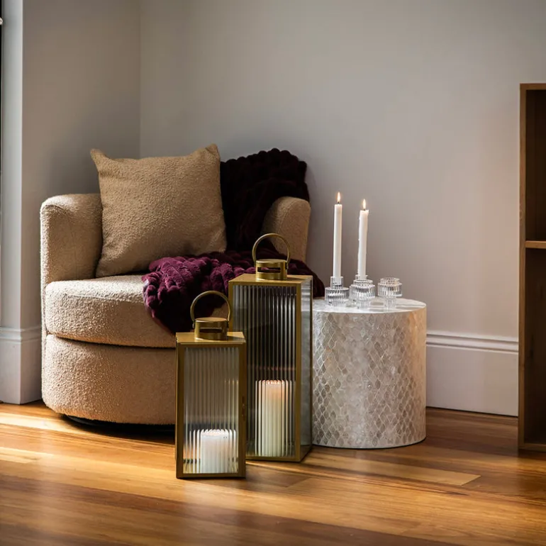 Lantern Rectangle Steel Gold with Ribbed Glass 53cm