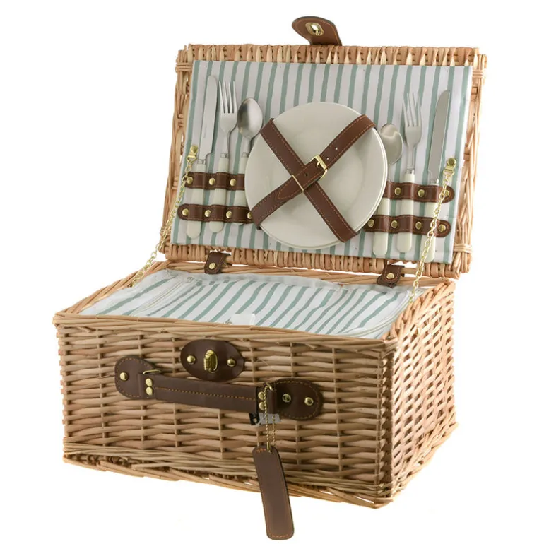 PICNIC BASKET 2p Natural, Green Stripe
