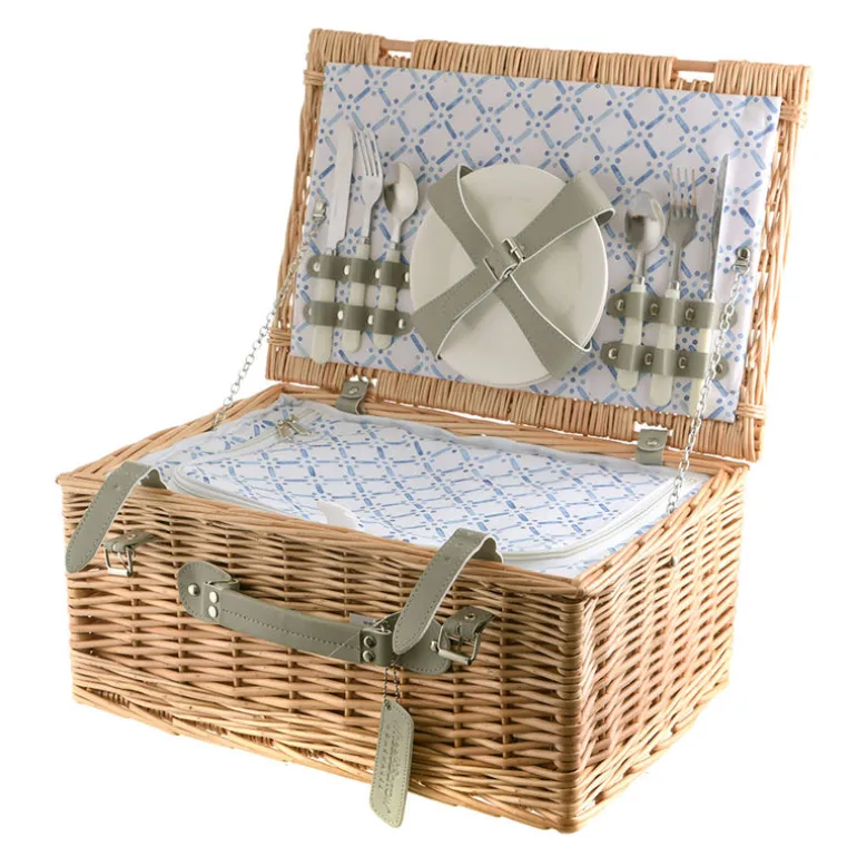 PICNIC BASKET 4p Natural, Light Blue Wash Check Print