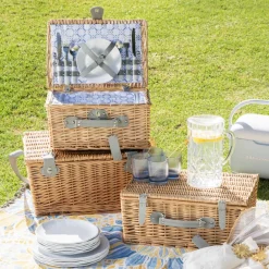 PICNIC BASKET 2p Natural, Light Blue Wash Check Print