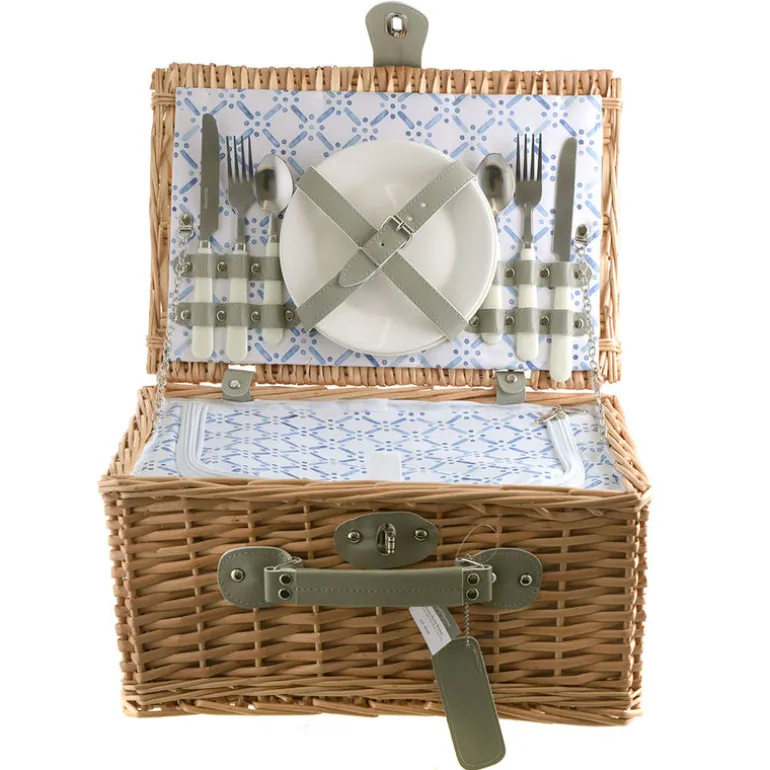 PICNIC BASKET 2p Natural, Light Blue Wash Check Print