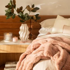Subtle Rib Faux Rabbit Fur Dusty Rose Throw