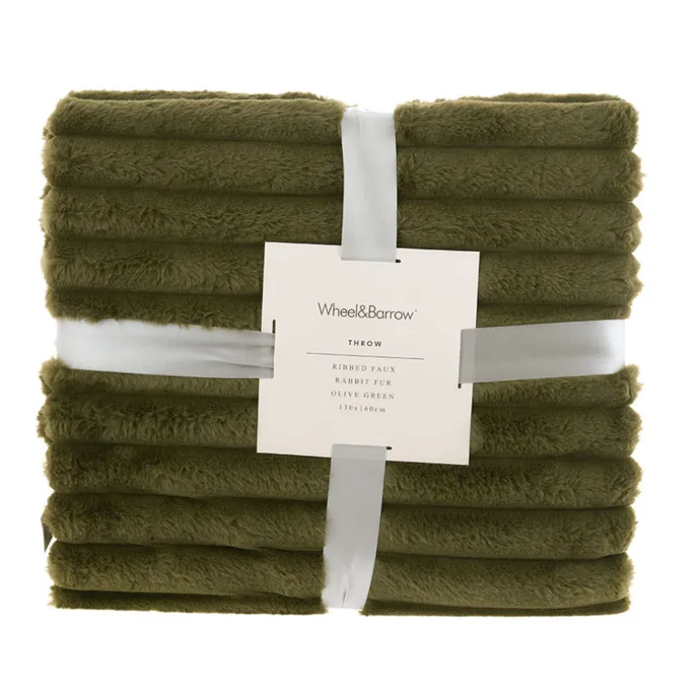 THROW Blanket Ribbed Faux Rabbit Fur Olive Green 130x160cm