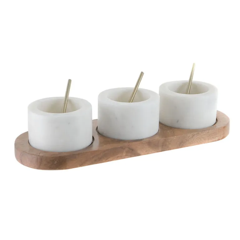 White Marble Condiment Set 3 Pots with Brass Spoons