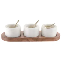White Marble Condiment Set 3 Pots with Brass Spoons