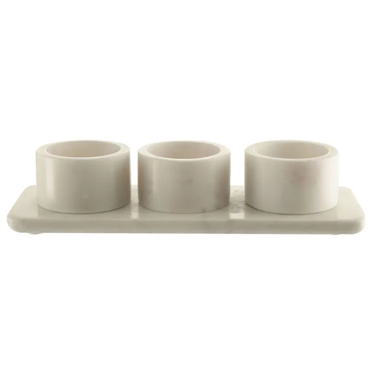 White Marble Condiment Set 3 Pots with Holder