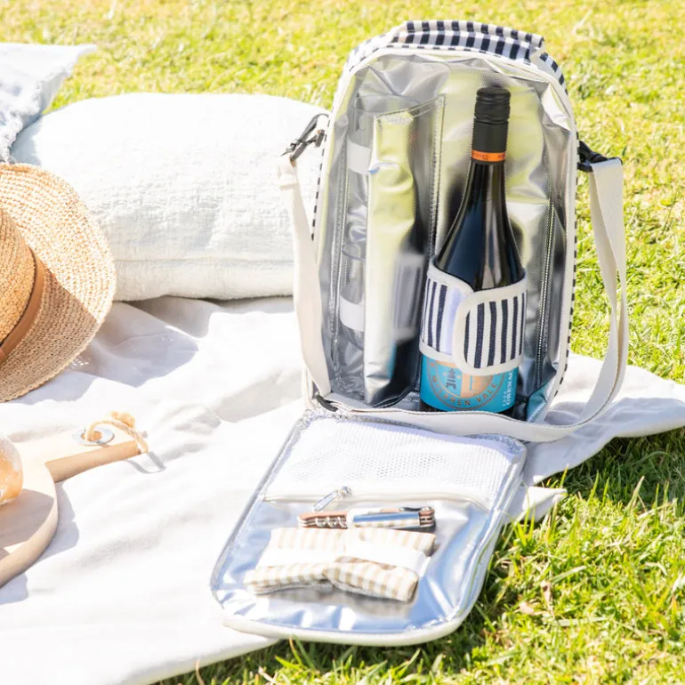 Wine Bag Navy/Cream Stripe with Cream Shoulder Belt